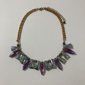 Gold Tone Chain Pastel Purple Green Acrylic Crystal Rhinestone Necklace